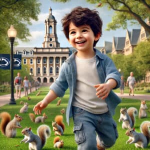 happy boy counting squirrels at penn state campus